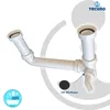 A white plumbing connection for a double sink, shown against a white background with subtle grey graphic elements. Produktbild-Vorschau