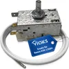 A thermostat with a white cable and a blue tag attached. Produktbild-Vorschau