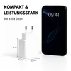 A white USB-C charger is shown next to a smartphone, with dimensions and text highlighting its features. Produktbild-Vorschau