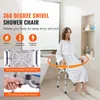 A woman in a bathrobe sits on a swivel shower chair in a bathroom, with close-up shots of the chair's features. Podgląd zdjęcia produktu