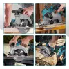 A collage of four images showing a cordless circular saw being used to cut wood. Voir les images du produit