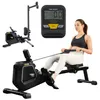 A collage showing a rowing machine, its display console, and a woman using the rowing machine. Produktbild-Vorschau
