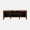 A wooden TV stand with its doors open, showing the interior compartments. Produktbild-Vorschau