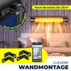 An outdoor patio scene with a heater mounted on a wooden wall, showing a sofa and cushions. Produktbild-Vorschau