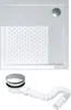 A white square shower tray with a textured surface and a circular drain hole is shown above a white drain assembly with a flexible hose. Produktbild-Vorschau