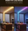 A split image showing a kitchen island with LED strip lights installed along the edges and under the counter. The left side shows warm yellow lighting, and the right side shows a gradient of blue and pink/purple lighting. Anteprima dell’immagine prodotto