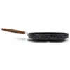 A side view of a speckled black frying pan with a wooden handle against a white background. Produktbild-Vorschau