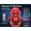 A red gaming chair with LED lighting and a remote control shown next to it. Text describes LED color features. Produktbild-Vorschau