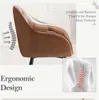 A close-up side view of a brown leather armchair, with graphic overlays illustrating ergonomic support and text highlighting features. Produktbild-Vorschau