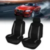 Two black car seat covers with gray accents are displayed in the foreground, with a blurred red car driving on a road in the background. Produktbild-Vorschau