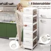 A woman is standing next to a stack of white storage boxes with transparent brown drawers in a kitchen setting. Náhled obrázku produktu
