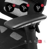 Close-up of an office chair armrest with diagrams and text indicating adjustable features. Voir les images du produit