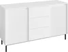 A white sideboard with fluted doors and drawers, standing on black legs, against a white background. Náhľad obrázku produktu