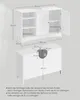 A diagram showing the dimensions of a white bathroom vanity cabinet, with a top view of the cabinet and a front view illustrating plumbing clearance. Produktbild-Vorschau