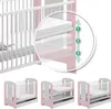 A collage of images showing a crib with adjustable mattress height and three different configurations of the crib at the bottom. Produktbild-Vorschau