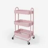 A pink metal rolling cart with three shelves and wheels, shown against a white background. Produktbild-Vorschau