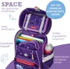 A purple school backpack with various compartments and features highlighted with text. Anteprima dell’immagine prodotto