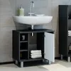 A bathroom vanity with a sink and faucet, featuring storage compartments and towels. Produktbild-Vorschau