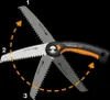A Fiskars folding saw shown in three different positions, indicated by numbers 1, 2, and 3, with dashed orange lines and arrows illustrating movement. Produktbild-Vorschau