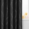 A close-up of a black curtain with a silver wavy line pattern, partially covering a window with yellow flowers on the windowsill. Produktbild-Vorschau