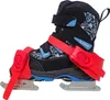 A pair of children's ice skates with red straps and a black boot with blue and gray accents. Voir les images du produit