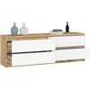 A modern dresser with two drawers open, displaying the interior. Two decorative vases and a stack of books with a black bottle are on top. Produktbild-Vorschau
