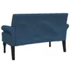 The back view of a blue upholstered bench with dark legs. Náhled obrázku produktu