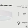A close-up of a white ceiling lamp with measurement details and icons. Produktbild-Vorschau