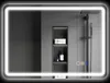 A modern bathroom mirror with integrated LED lighting, featuring a shower head and a recessed shelf with towels and toiletries. Podgląd zdjęcia produktu