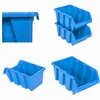 A collage of four images showing blue plastic storage bins from different angles. Produktbild-Vorschau