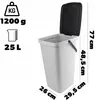 A grey plastic waste bin with an open black lid, shown with dimensions and weight information. Produktbild-Vorschau