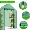 A green greenhouse with shelves and plants, with close-up insets highlighting features. Voir les images du produit