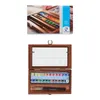 A set of watercolor paints in a wooden box, with the box open to reveal the paints and brushes. Produktbild-Vorschau