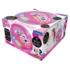 The image shows the retail packaging of a pink Minnie Mouse themed CD player with Bluetooth and LED lights. The packaging is angled to show the product and some of its features, along with graphics of Minnie Mouse and a girl singing. Podgląd zdjęcia produktu