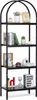 A black, four-tier metal bookshelf with various decorative items on each shelf. Náhled obrázku produktu