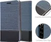 A product image showcasing a blue and black flip case for a Sony Xperia 5 phone, with close-up details of the stitching and camera cutout. Náhled obrázku produktu