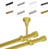 A collage of different colored curtain rods and a close-up of a double curtain rod system in gold. Produktbild-Vorschau