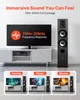 A living room setup with a TV and speakers, showcasing different usage scenarios for gaming, music, and movies. Produktbild-Vorschau