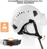 A white safety helmet on a mannequin head, with close-ups of adjustable straps and a size indicator. Produktbild-Vorschau