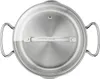 A top-down view of a stainless steel pot with a glass lid and handles. Produktbild-Vorschau