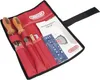 A red fabric roll-up case containing chainsaw sharpening tools and a manual. Produktbild-Vorschau