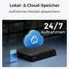 A surveillance device with a cloud icon and an SD card, set against a background of multiple screens displaying various scenes. Produktbild-Vorschau