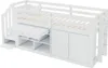 A white loft bed with integrated storage and a desk. Voir les images du produit