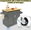 A grey kitchen cart with a wooden countertop, featuring food items and a drink on top, and a close-up of a wheel with locking mechanism. Náhled obrázku produktu