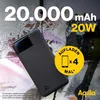 A black power bank is shown with marketing text and graphics overlaid on a textured background. Voir les images du produit