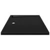 A black rectangular shower tray with a drain hole, shown from a side-angle. Produktbild-Vorschau