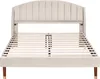 A beige upholstered bed frame with a slatted base, shown from the front. Produktbild-Vorschau