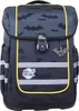 A front view of a dark-colored backpack with a bat pattern and yellow trim. Voir les images du produit
