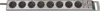 A silver power strip with eight black outlets and a black power cord is shown against a white background. There is text and indicator lights on the right side of the power strip. Produktbild-Vorschau