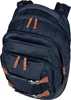 A close-up, high-angle view of a dark blue backpack with brown leather accents. Podgląd zdjęcia produktu